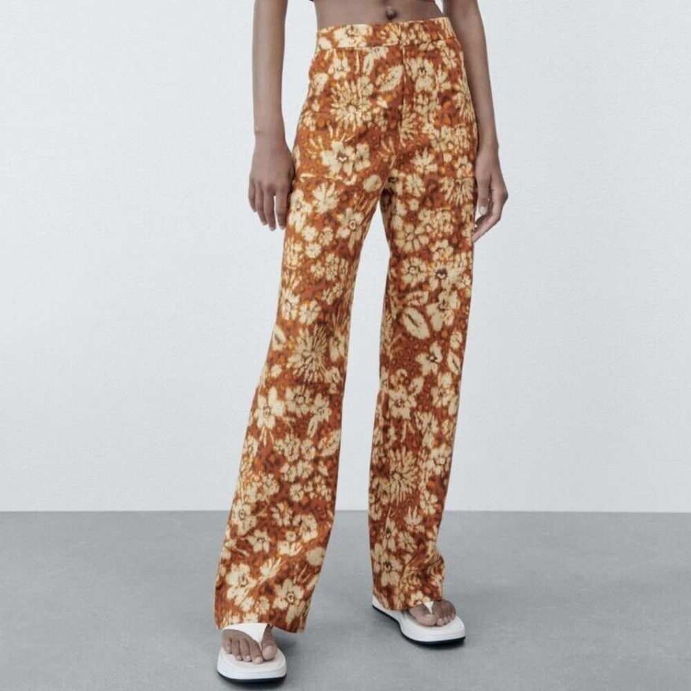 zara womens size m high rise wide leg trouser linen stright pants burnt orange